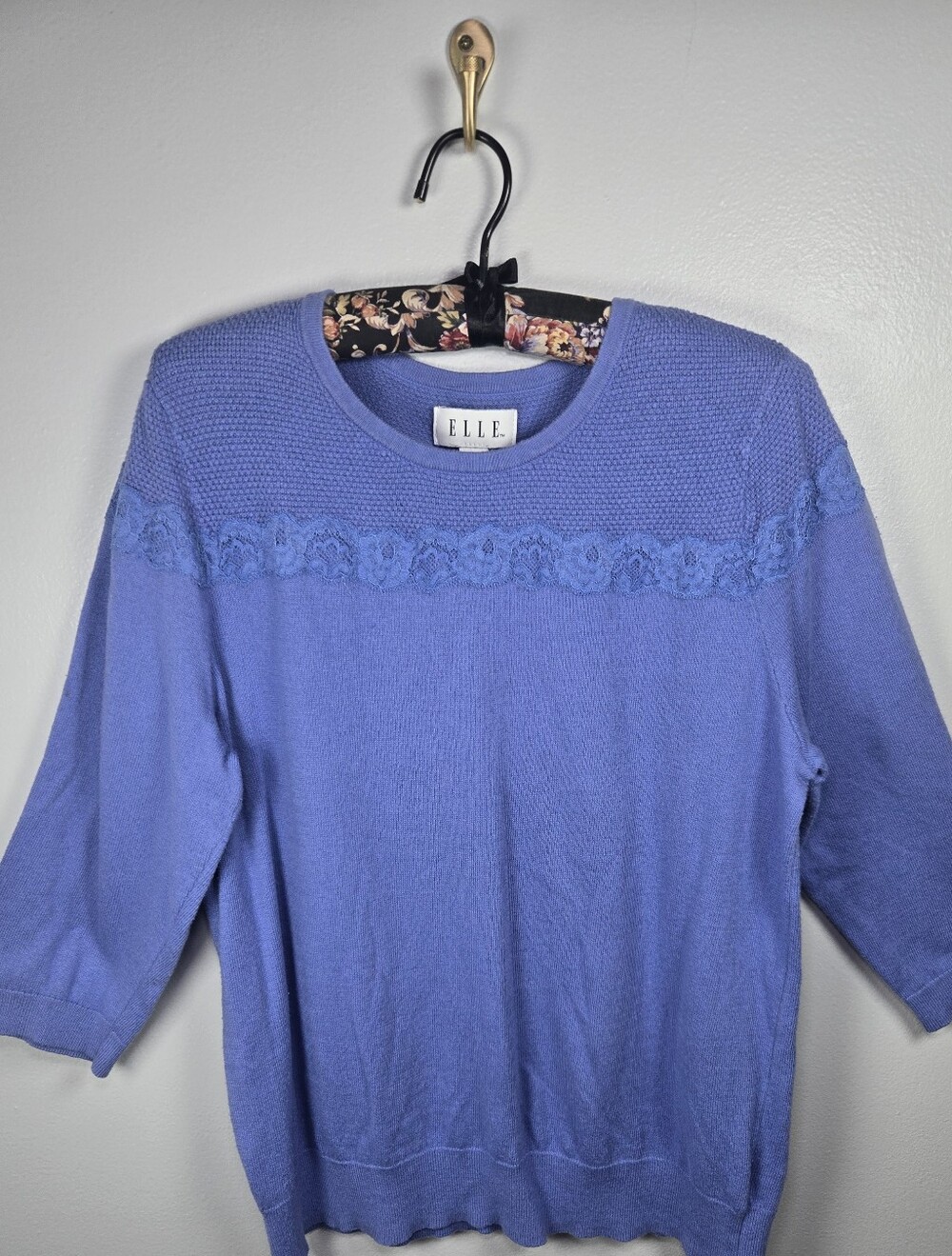 Preppy Y2K ELLE Women's Knit Pullover Sweater Lace Trim Crew Neck 3/4 Sleeve XL